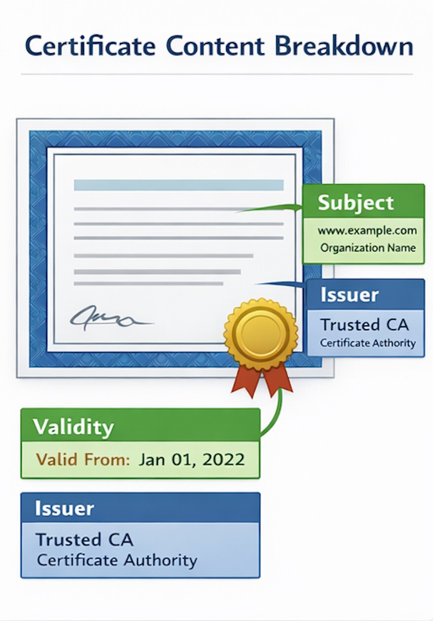 An X.509 Certificate contains key identity and trust details, including the subject, issuer, and validity period.