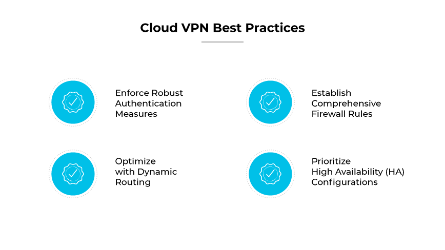 Cloud VPN best practices: authentication, firewall rules, dynamic routing, prioritize HA configurations