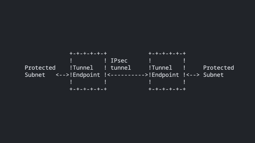ASCII art of an IPsec tunnel with two endpoints connecting protected subnets.