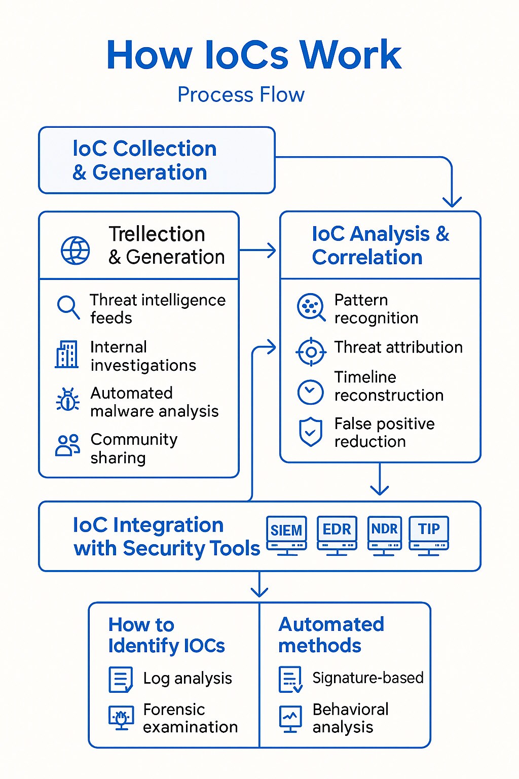 A flowchart infographic showing the lifecycle of Indicators of Compromise (IoCs) in four stages: "IoC Collection & Generation," "IoC Analysis & Correlation," "IoC Integration with Security Tools," and "How to Identify IoCs." Each stage includes icons and short descriptions: for example, threat intelligence feeds, pattern recognition, SIEM/EDR/NDR tools, and analysis methods like log review and behavioral analysis.