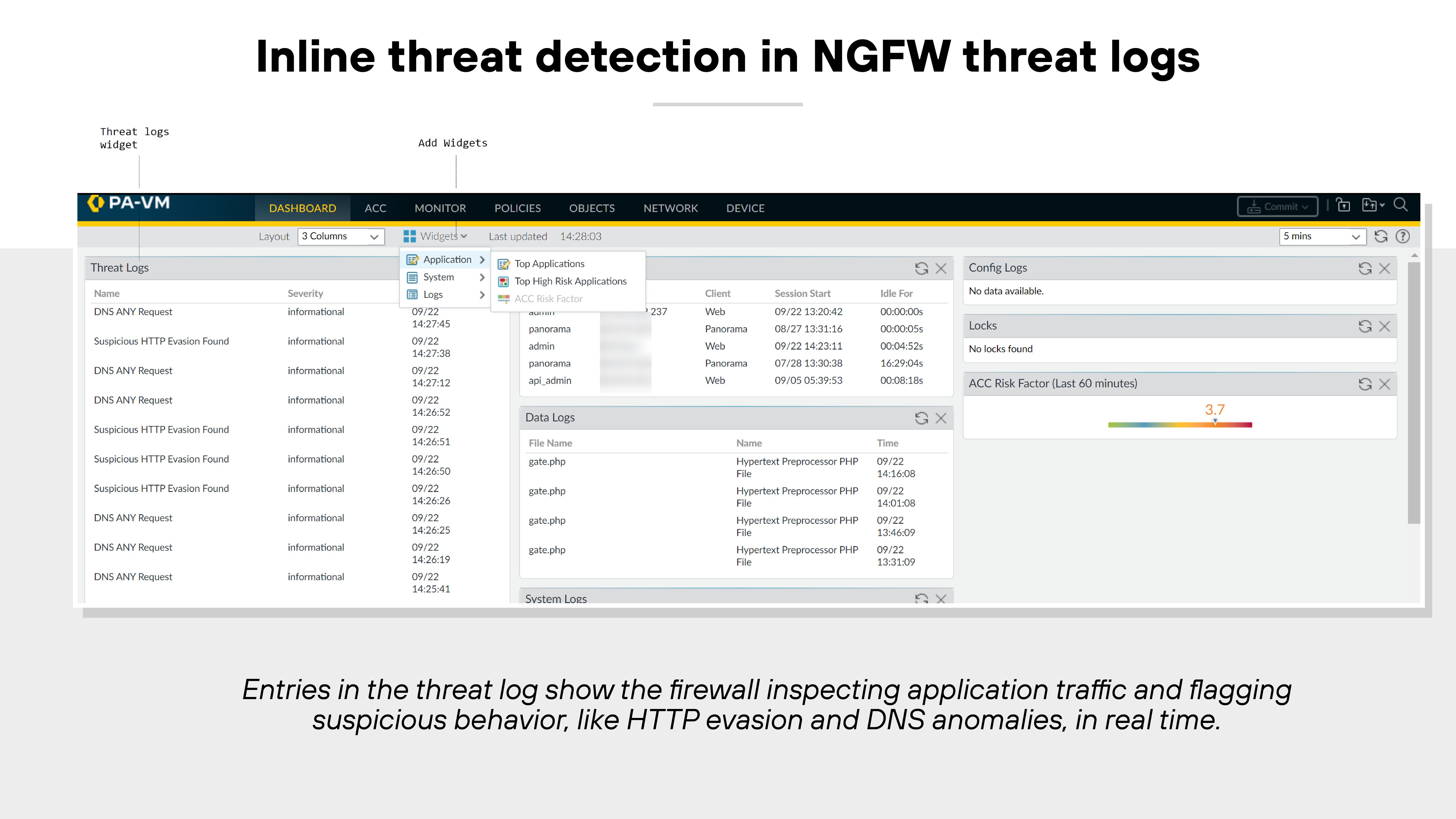 The image titled 'Inline threat detection in NGFW threat logs' shows a screenshot of the PAN-OS user interface from a PA-VM device. The screen is focused on the 'Monitor' tab, displaying the 'Threat Log' panel. The table lists multiple threat entries under columns labeled 'Type,' 'SubType,' 'Threat/Content Name,' 'Severity,' 'Action,' 'Time,' 'Source,' 'Destination,' and 'Application.' The log entries include details such as DNS and spyware alerts, detected threat names like 'Suspicious HTTP Evasion,' severity levels, and the actions taken, such as 'alert.' To the right, smaller panels display the 'Config Logs' and 'ACC Risk Factor,' with a gauge showing a risk score of 3.7. Navigation tabs at the top include 'DASHBOARD,' 'ACC,' 'MONITOR,' 'POLICIES,' 'OBJECTS,' 'NETWORK,' and 'DEVICE.' A caption below the image notes that the firewall inspects application traffic and flags suspicious behaviors such as HTTP evasion and DNS anomalies in real time.