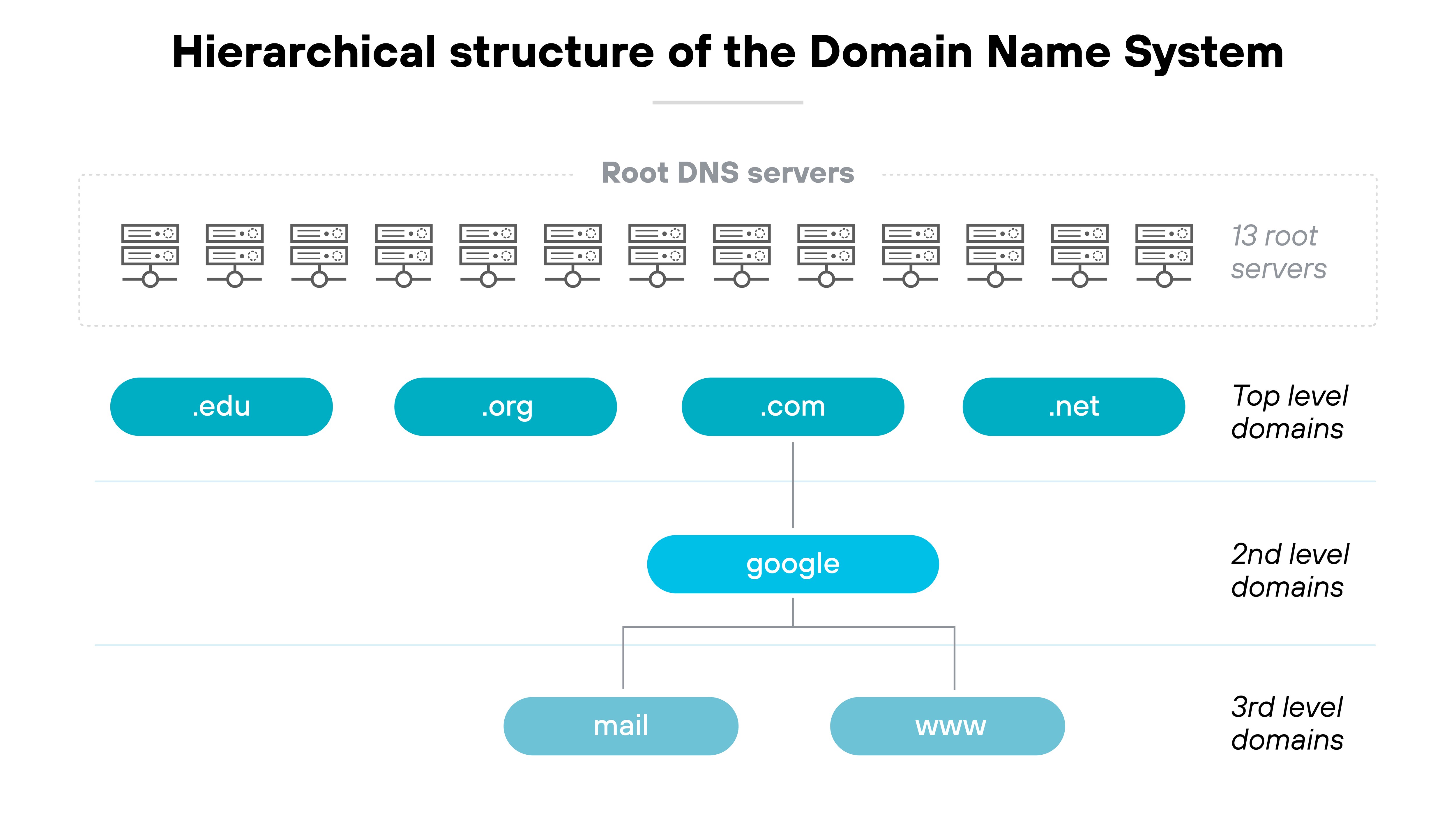 The image titled 'Hierarchical structure of the Domain Name System' visually represents the layers of the DNS hierarchy. At the top, a dotted box contains 13 illustrated servers labeled 'Root DNS servers' with the text '13 root servers' on the right side. Below this, a row of four teal ovals displays top-level domains labeled '.edu', '.org', '.com', and '.net'. A vertical line descends from the '.com' oval to a second-level domain labeled 'google' in another teal oval. From 'google', two lines branch downward to third-level domains labeled 'mail' and 'www', both in teal ovals. The levels are separated by horizontal lines and labeled on the right side as 'Top level domains', '2nd level domains', and '3rd level domains' respectively.