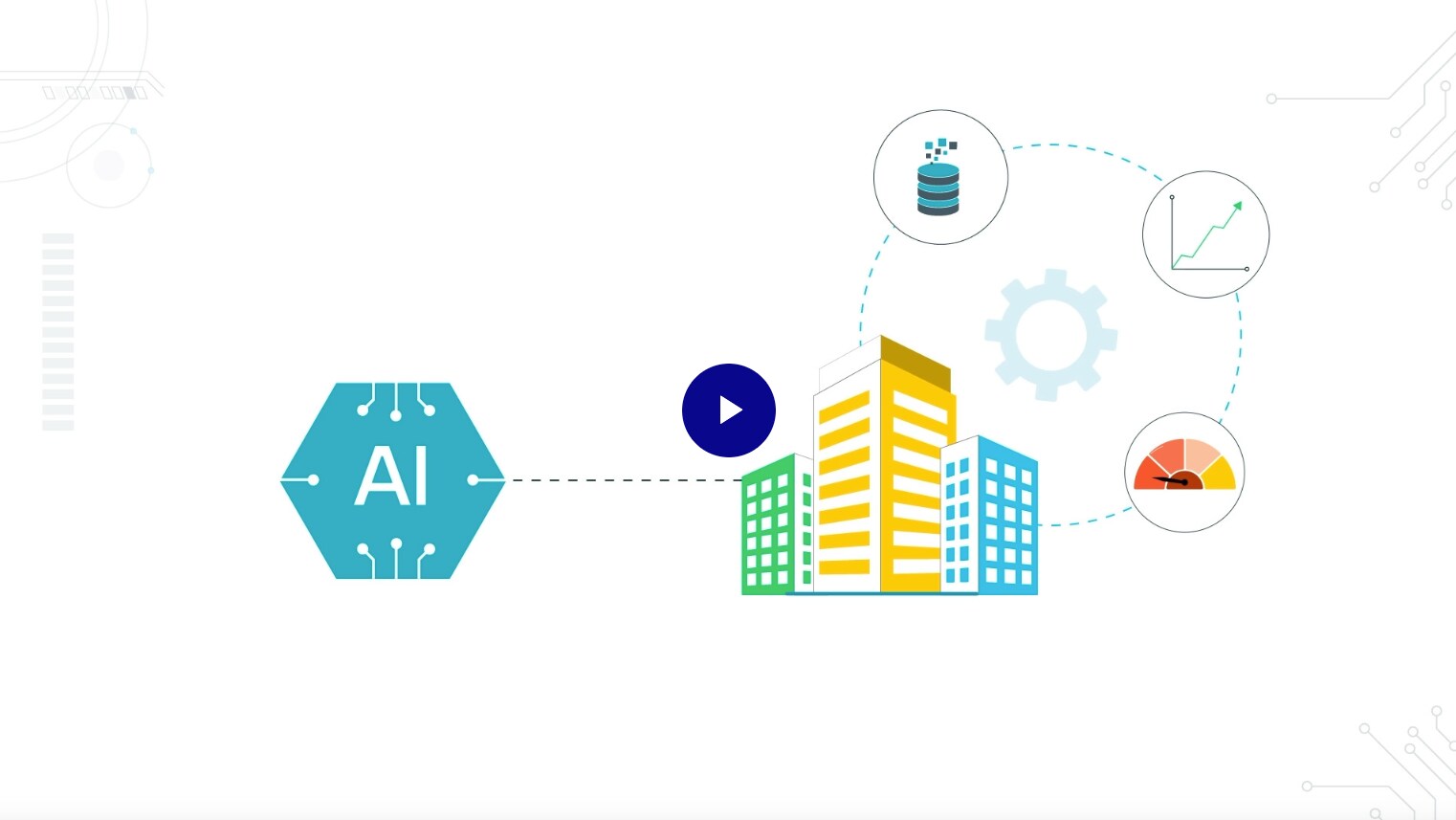 Image of buildings next to and AI icon, with a play button layered on top.